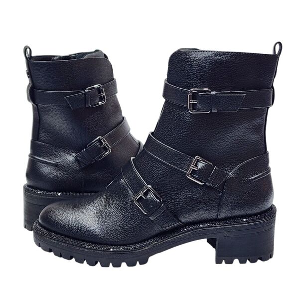 KENNETH COLE REACTION Tate Biker Jewel Lug Sole Booties Size 7.5 M Black - Picture 2 of 14